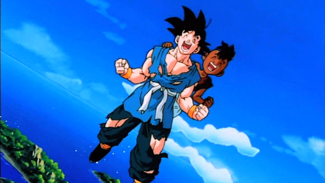 Goku en su uniforme azul al final de Dragon Ball Z y Ub la reencarnacion de Main Bu